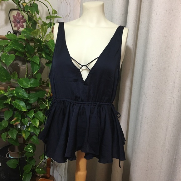 Free People Tops - Free People Ruffle Drawstrings Cami, Blue Small